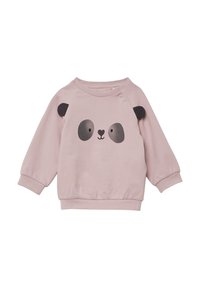 Felpa rosa con stampa del viso di un panda con orecchie nere e dettagli in nero, realizzata in materiale morbido con polsini e orlo a coste.