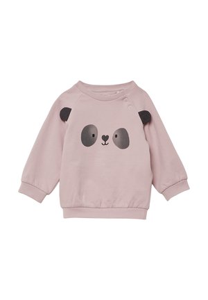Rosa Sweatshirt mit Pandagesichtdruck, schwarzen Ohren und Akzenten, gefertigt aus weichem Material mit gerippten Bündchen und Saum.