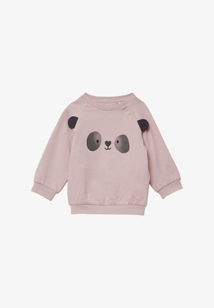 Rosa Sweatshirt mit Pandagesichtdruck, schwarzen Ohren und Akzenten, gefertigt aus weichem Material mit gerippten Bündchen und Saum.