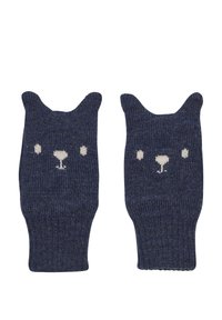 Gants sans doigts en tricot bleu foncé avec un design de visage d'ours, présentant des oreilles, un museau blanc et des yeux en fil de couleur crème.