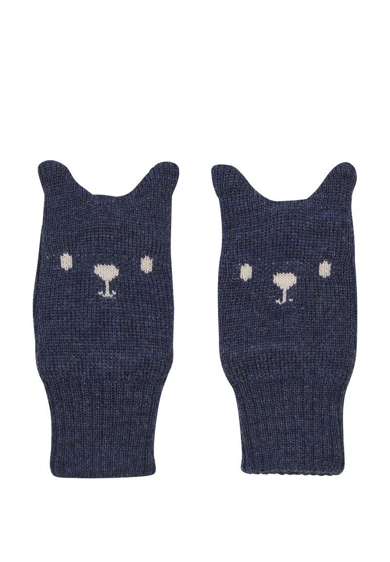 Gants sans doigts en tricot bleu foncé avec un design de visage d'ours, présentant des oreilles, un museau blanc et des yeux en fil de couleur crème.