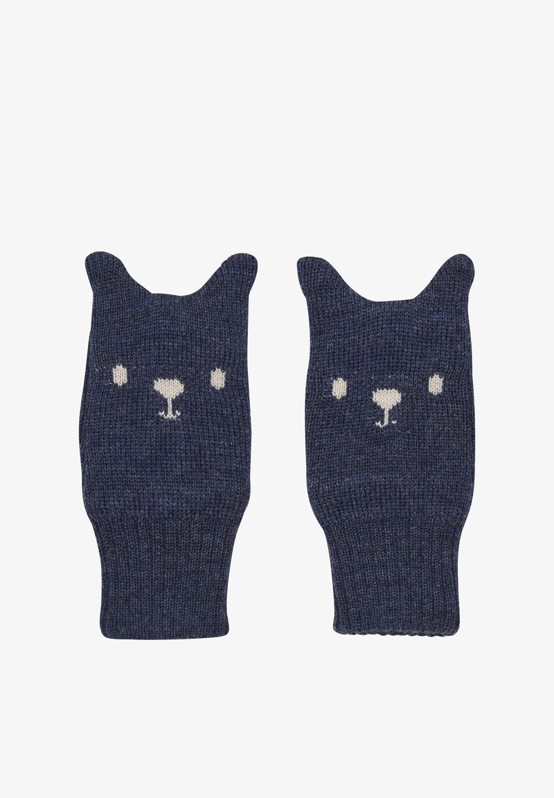 Dunkelblaue, gestrickte Fingerhandschuhe ohne Finger mit einem Bärenkopf-Design, das Ohren, eine weiße Schnauze und Augen aus cremefarbener Wolle zeigt.