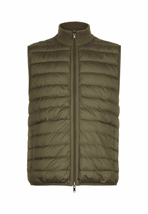 Ärmellose, olivgrüne, gesteppte Weste mit Frontreißverschluss und geripptem Stehkragen, entworfen für Wärme und als Zwischenschicht.