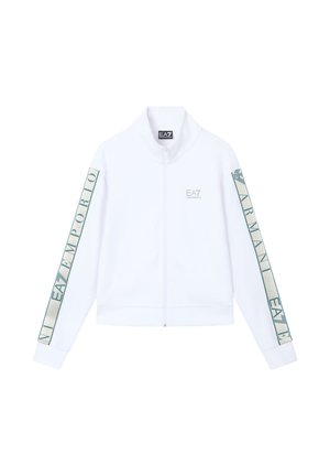 Giacca bianca con zip, collo alto, maniche lunghe e logo "EA7 Emporio Armani" sul petto e sulle maniche.