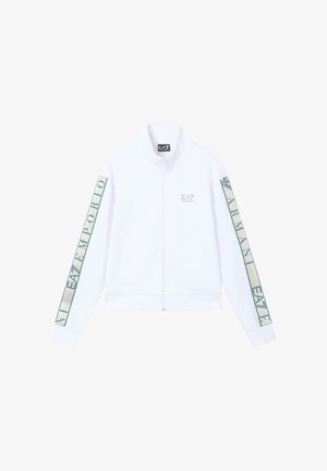 Giacca bianca con zip, collo alto, maniche lunghe e logo "EA7 Emporio Armani" sul petto e sulle maniche.