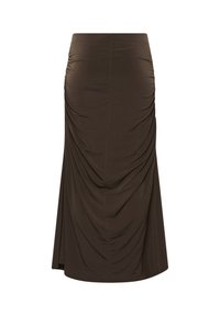 Jupe midi marron avec des détails froncés le long des côtés et de la couture centrale, avec une texture de tissu lisse et fluide.