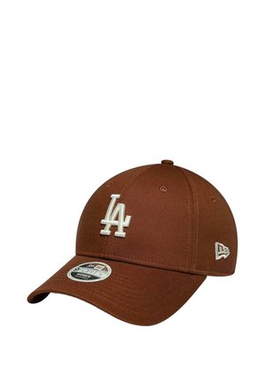 Braune Baseballkappe mit weißem, vorne eingesticktem LA-Logo und weißem New Era-Logo an der Seite, gewölbtem Schirm und verstellbarem Riemen hinten.