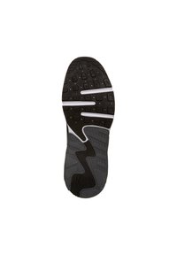 Suola di scarpa sportiva, prevalentemente nera con accenti grigi. Presenta un motivo di grip testurizzato, scanalature di flessibilità e un tallone pronunciato.