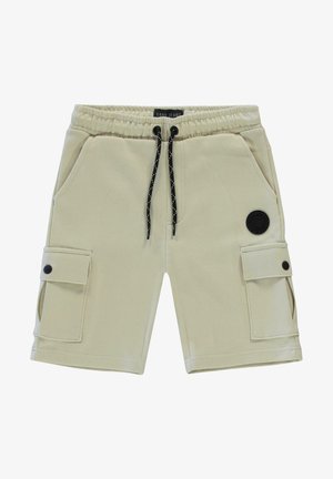 Knielange, beige cargoshorts gemaakt van zachte stof; heeft twee zijzakken, twee cargozakken en een zwarte trekkoord met witte accenten.