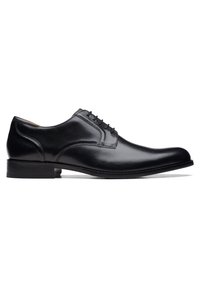 Scarpa da uomo in pelle nera con finitura liscia, punta arrotondata, cinque occhielli e tacco basso impilato. Design elegante con dettagli di cucitura discreti.