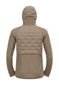 Beige jacket with a hood, featuring a quilted back panel, long sleeves, and smooth front material. Logo displayed near the hem.