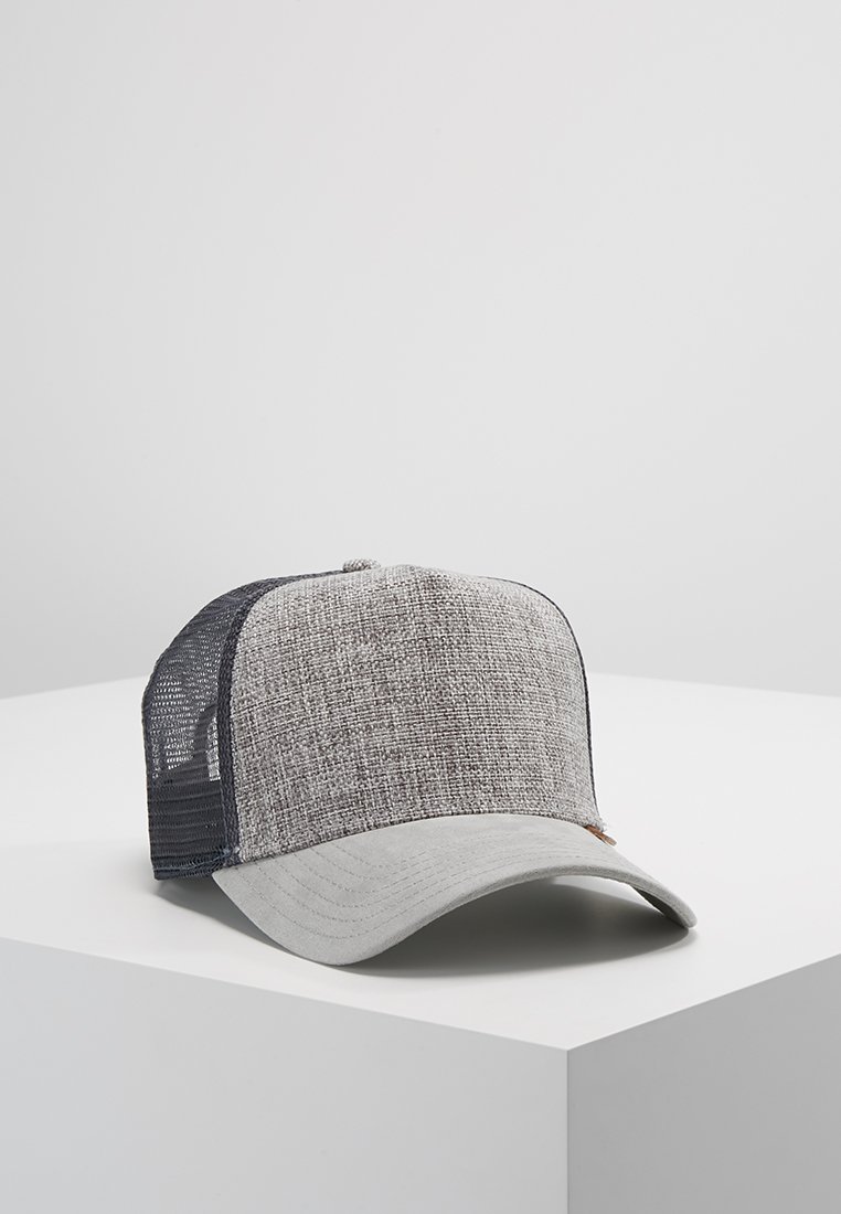 Gray cap with a textured fabric front and a mesh back. Curved brim, adjustable strap, and subtle logo detail on the side.