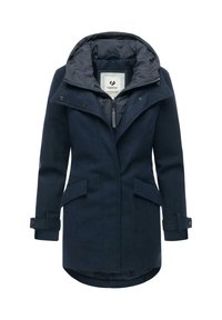 Navy blue hooded coat made of wool blend fabric, featuring a zip front, two front pockets, and button accents on sleeves. Lined interior.