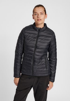 Zwarte, geïsoleerde pufferjack met een hoge kraag, gecapitonneerde textuur, voorrits en zijzakken. Glad, lichtgewicht materiaal.