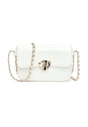 White rectangular shoulder bag with a gold chain strap and a marbled gold-and-black shield-shaped clasp on the flap.