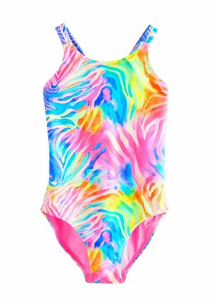 Jednoczęściowy strój kąpielowy z cienkimi podwójnymi ramiączkami, z kolorowym, tęczowym wzorem tie-dye z paskami przypominającymi te u zebry.
