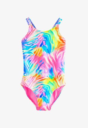 Jednoczęściowy strój kąpielowy z cienkimi podwójnymi ramiączkami, z kolorowym, tęczowym wzorem tie-dye z paskami przypominającymi te u zebry.