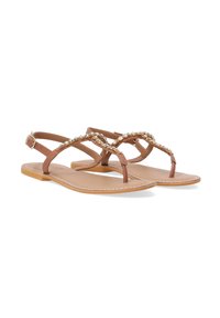 Bruine platte sandalen met een T-strap ontwerp, versierd met kralen en rhinestones, voorzien van een gespsluiting en een gladde, gestructureerde zool.