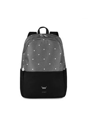 Gray fabric backpack with white polka dots, black bottom, zip closure, and adjustable straps. Features a logo on the front.