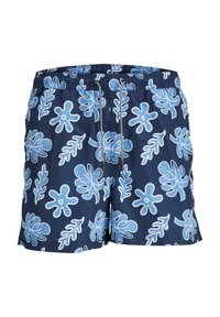 Marine zwemshorts met een verstelbare tailleband, versierd met een blauw bloem- en bladpatroon op een gladde stof.