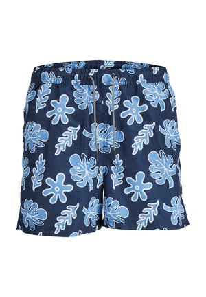 Marine zwemshorts met een verstelbare tailleband, versierd met een blauw bloem- en bladpatroon op een gladde stof.
