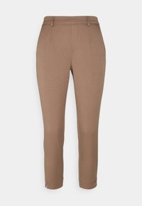 Hnědé kalhoty na míru s hladkou strukturou, slim fit a zkrácenou délkou po kotníky. Obsahují přední záhyby a zadní kapsy.