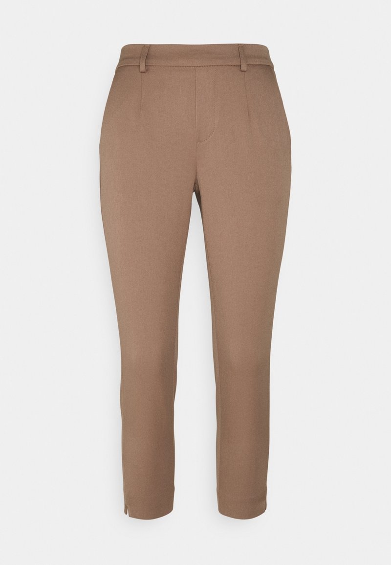 Hnědé kalhoty na míru s hladkou strukturou, slim fit a zkrácenou délkou po kotníky. Obsahují přední záhyby a zadní kapsy.