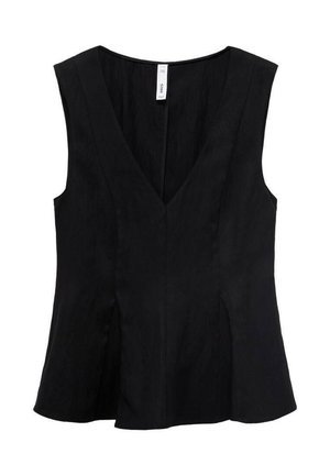 Black sleeveless top featuring a V-neckline, flared design, and a smooth texture. The fabric appears soft with subtle draping.