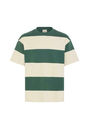 T-shirt z krótkim rękawem z zielono-kremowymi poziomymi paskami, okrągłym dekoltem i luźnym krojem. Wykonana z miękkiej bawełny.