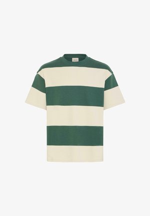 Short-sleeve t-shirt featuring green and cream horizontal stripes, round neckline, and a relaxed fit. Made from soft cotton material.