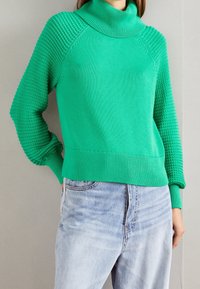 Pull vert avec un col roulé haut, des panneaux texturés sur les épaules, et des poignets et ourlet côtelés. Associé à un jean en denim bleu clair.