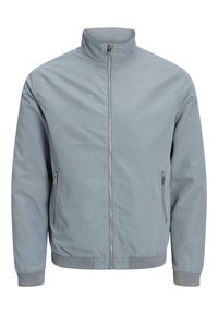 Ljusgrå bomberjacka med ståkrage, framzipper och sidofickor. Har ribbade ärmslut och nederkant, samt en slät textur.