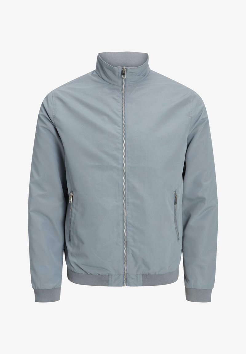 Light grey bomber jacket with a stand-up collar, front zipper, and side pockets. Features ribbed cuffs and hem, smooth texture.