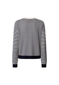 Randig stickad tröja med en marinblå och krämfärgad färgskala, ribbad kant och ärmar, med en texturerad väv för extra detaljer.