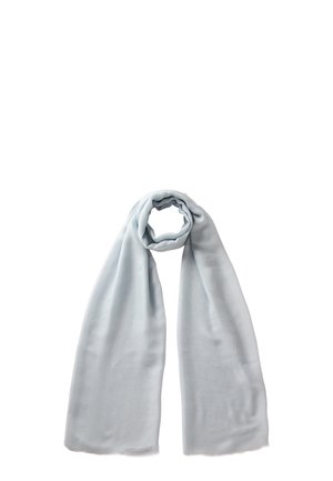 Sciarpa in morbido tessuto grigio chiaro, mostrata piegata e avvolta con un giro morbido su uno sfondo bianco.