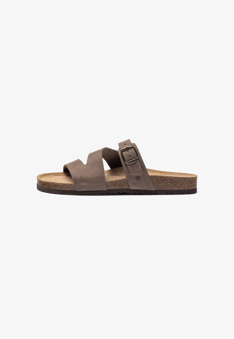 Brown suede slide sandal featuring two wide straps, one with a metal buckle, cork footbed, and textured rubber sole for grip.