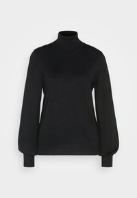 Schwarzer Rollkragenpullover mit langen, leicht gepufften Ärmeln und Rippstruktur. Glattes Material mit schmalen Bündchen und Saum.
