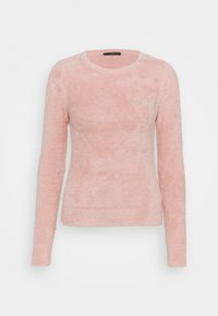 Maglione rosa, soffice, a maniche lunghe con scollatura rotonda. Presenta un sottile dettaglio del logo nell'angolo superiore sinistro e polsini a coste.