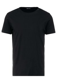 T-shirt en coton noir avec un col rond classique, des manches courtes et un petit logo près de l'encolure. Design simple et sans embellissements.