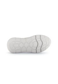 Witte sneaker buitenzool met een gestructureerd rubberontwerp met een honingraatpatroon, opvallende profiellijnen en een reliëfmerklogo.