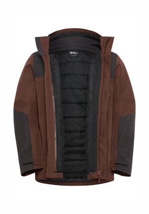 Veste imperméable marron et noire avec fermeture éclair à l'avant, doublure noire matelassée, poignets réglables et trois poches. Fini doux et texturé.