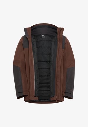 Veste imperméable marron et noire avec fermeture éclair à l'avant, doublure noire matelassée, poignets réglables et trois poches. Fini doux et texturé.