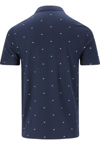Marinblå polo t-shirt med en mjuk textur, korta ärmar och en normal passform, prydd med små vita flugknutsmönster.