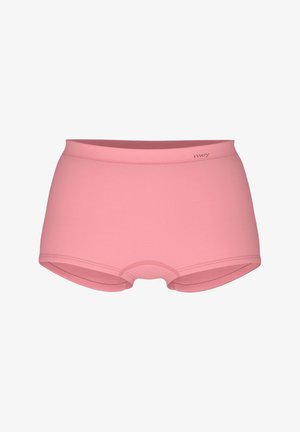 Rosa Baumwoll-Hipster-Shorts mit glatter Textur, breitem Bund und doppelt genähten Säumen für Langlebigkeit. Markenlogo in dezenter Druckoptik.