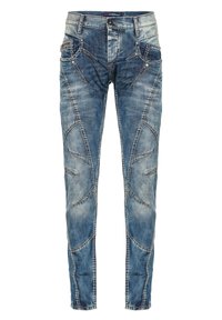Blaue Jeans aus Denim im Slim-Fit, mit ausgeprägten schrägen Nähten, mehreren Taschen und kontrastierenden Nähdetails.