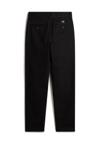 Schwarze Baumwollhose mit geradem Schnitt, ausgestattet mit einem Knopfverschluss, zwei Gesäßtaschen und einem kleinen Markenlabel auf der Rückseite.