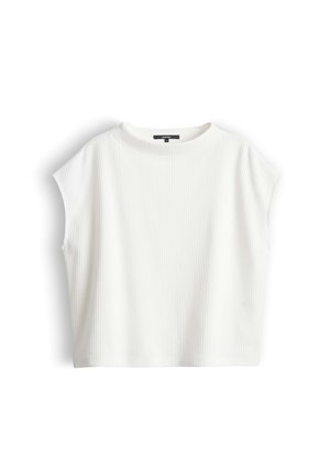 Wit geribbeld gebreid mouwloos topje met ronde hals en losse pasvorm, plat gelegd tegen een witte achtergrond.