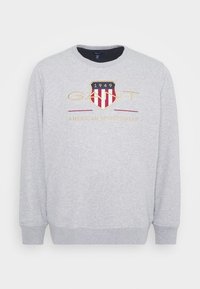 Felpa grigia con scollo rotondo, polsini a costine e un prominente logo ricamato con design a scudo e testo.