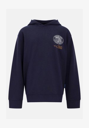 Granatowy hoodie z dużą okrągłą grafiką na klatce piersiowej w kolorze białym, z pomarańczowym napisem poniżej. Długie rękawy i fakturowany materiał.