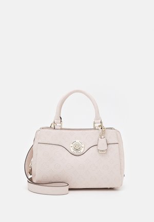 Light pink Guess handbag with embossed logo pattern, top handles, detachable shoulder strap, and round gold-tone logo emblem on front.